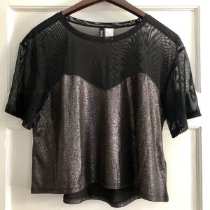 H&M silver shiny sweetheart neck w/ black mesh top